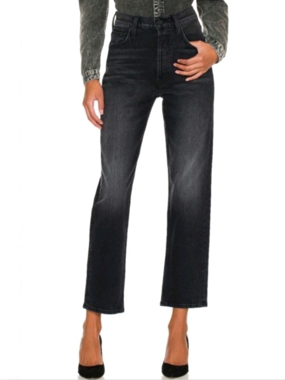 Mother The Tomcat Straight Leg Cropped Denim Jeans in Lies Lies Lies 30